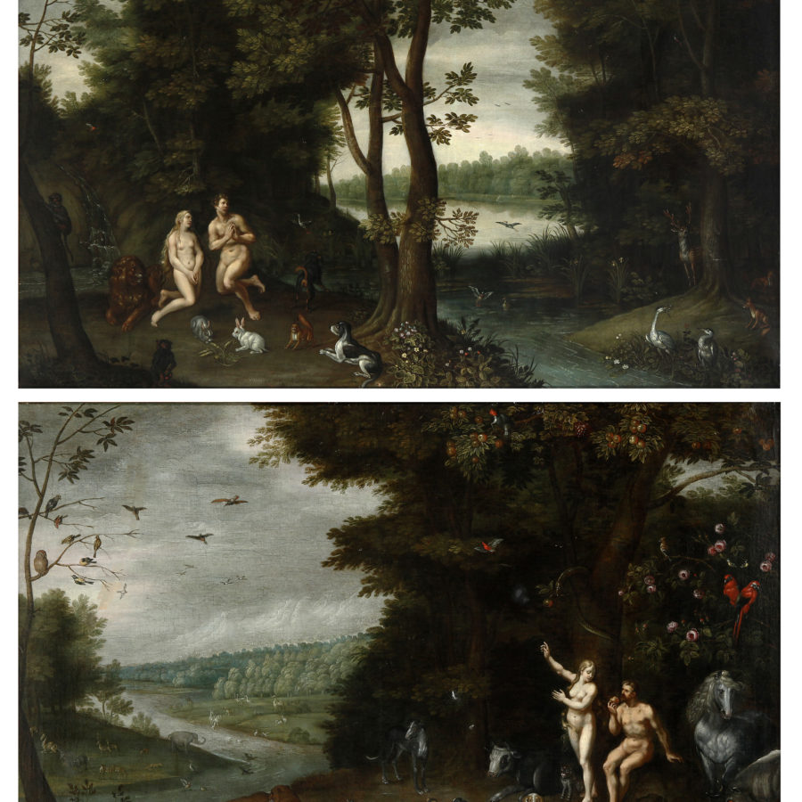 Atribuido a Brueghel, "El Pecado Original” y “Adán y Eva expulsados del Paraíso”, 1692. Adjudicado en Setdart.